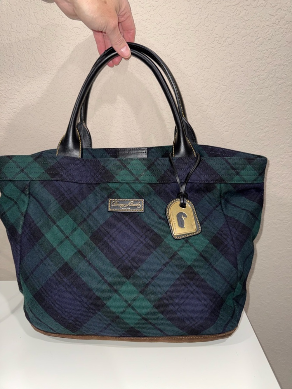 Dooney & Bourke Green and Navy Plaid Leather-Trim Tote